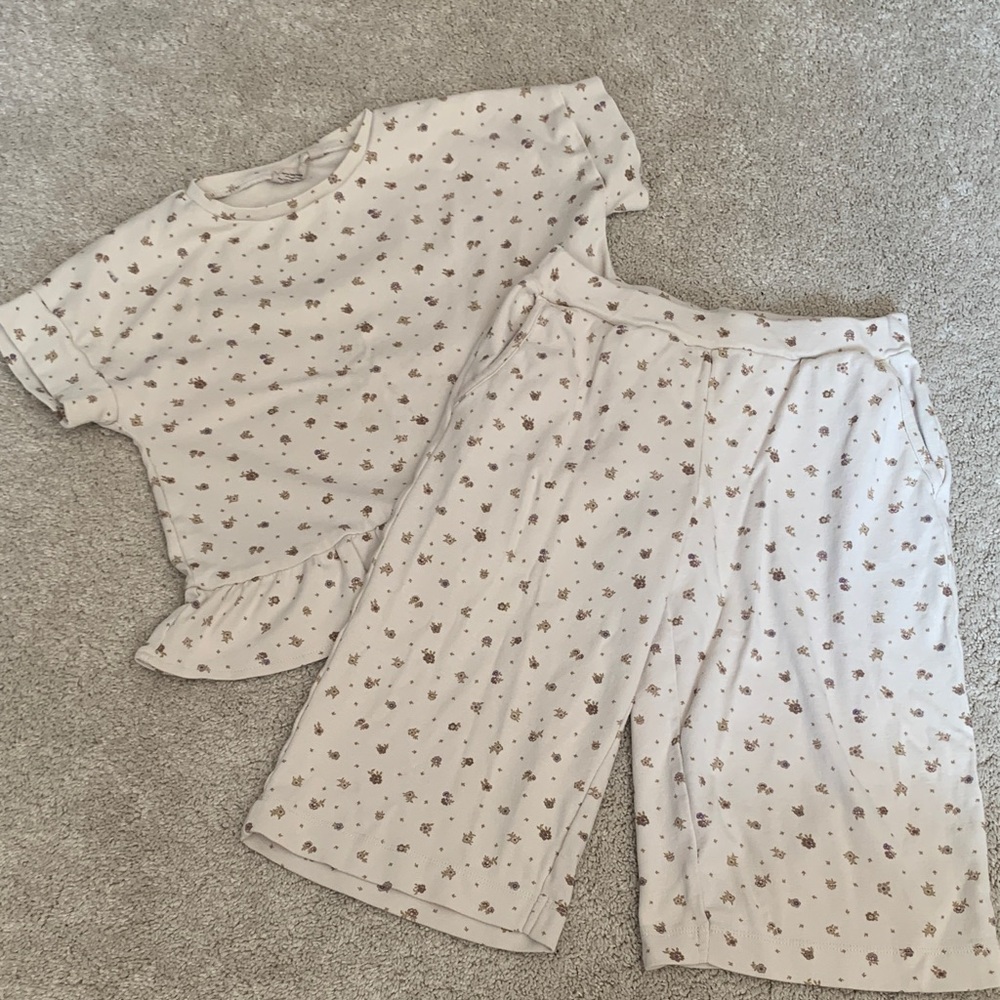 Kids Neutral Floral Matching Set - Soft Cream Tee & Shorts